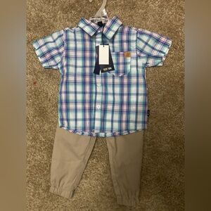Plaid Short Sleeve Shirt and Khaki Pants Set